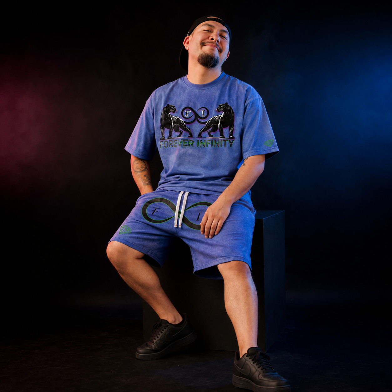 Model wearing the Forever Infinity Standard Set in blue and purple