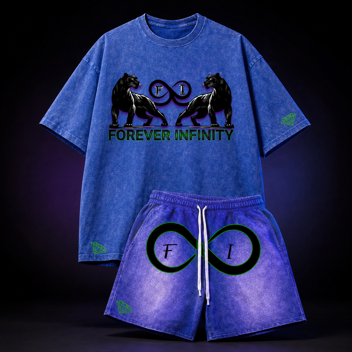 Forever Infinity Standard Set blue mineral-wash T-shirt and purple-blue shorts product view
